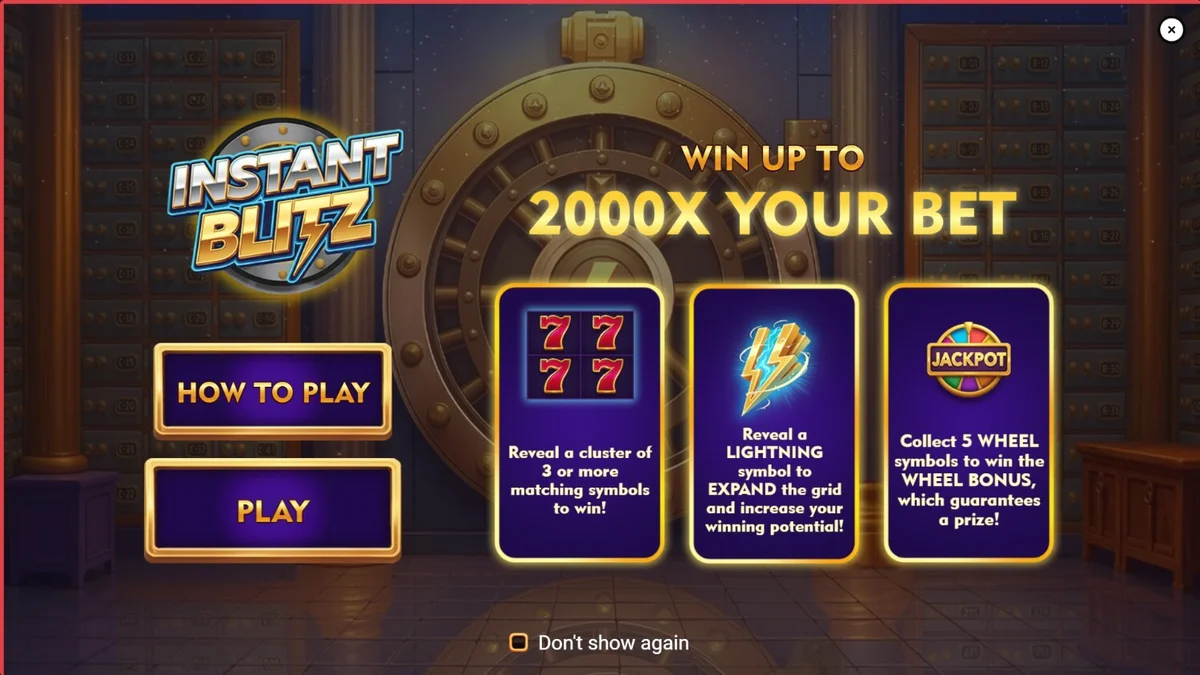 Tampilan visual slot Instant Blitz dengan tema brankas neon dan simbol emas